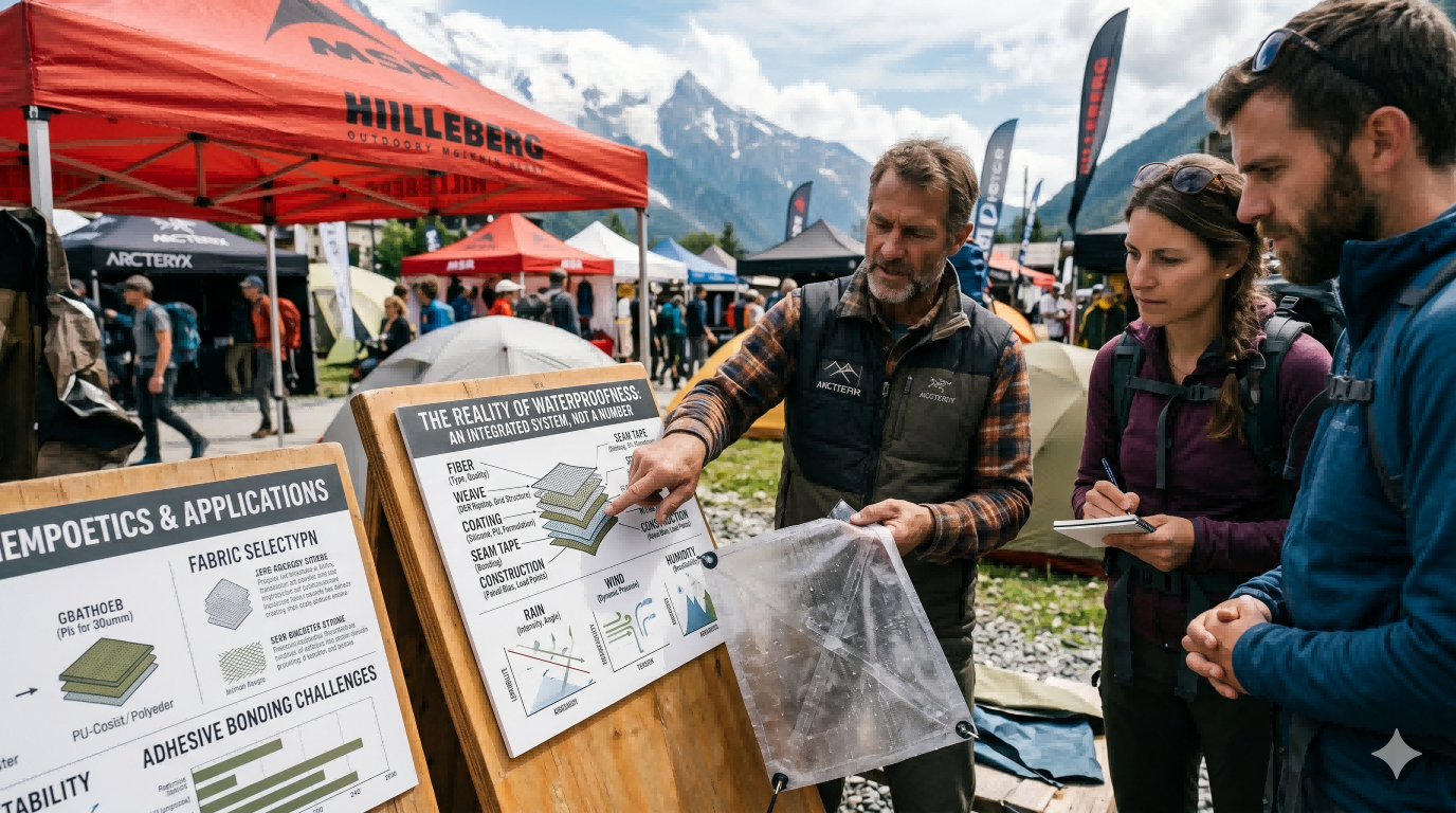 Field demonstration explaining why waterproof tent fabric depends on coatings, seams, construction, and real outdoor forces